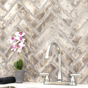 Dovertone Gray Clay Brick Herringbone Meshed Wall Tile