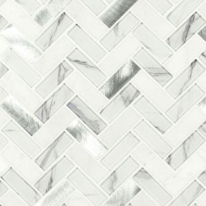 FREE SHIPPING - Bytle Bianco Herringbone Glass Metal & Stone Mosaic